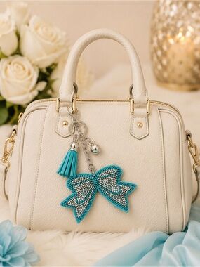 Aqua Rhinestone Bow Bag Charm Keychain Purse Charm Bling Tassel Gift